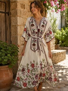 Embroidered Ivory Maxi Dress with Red Floral Accents
